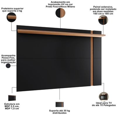 Painel Para TV 70 Pol Extensível 180cm Lara C04 Preto Fosco Noce Milano - Lyam Decor