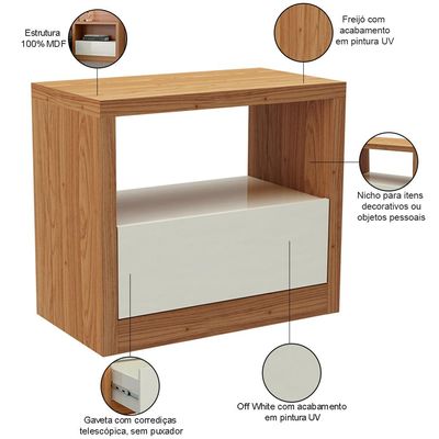 Mesa de Cabeceira Moderna 1 Gaveta Cameron D03 Freijó Off White - Lyam Decor