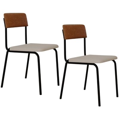 Kit 02 Cadeiras Estofada Para Sala de Jantar Sense Preto C01 Linho Palha Courino Caramelo - Lyam Decor