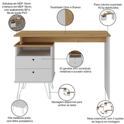 Mesa Para Escritório Escrivaninha Home Office Versa A02 Olmo Branco - Lyam Decor