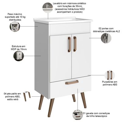Conjunto Banheiro Gabinete Com Pés 50cm Lavatório e Armário Allegra B06 Branco - Lyam Decor