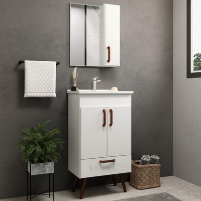 Conjunto Banheiro Gabinete Com Pés 50cm Lavatório e Armário Allegra B06 Branco - Lyam Decor
