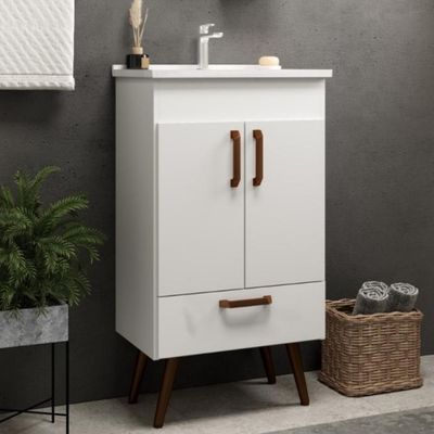 Conjunto Banheiro Gabinete Com Pés 50cm Lavatório e Armário Allegra B06 Branco - Lyam Decor