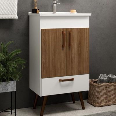 Conjunto Banheiro Gabinete Com Pés 50cm Lavatório e Armário Allegra B06 Branco Carvalho - Lyam Decor