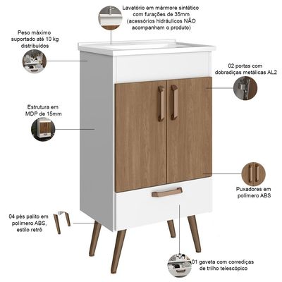 Conjunto Banheiro Gabinete Com Pés 50cm Lavatório e Armário Allegra B06 Branco Carvalho - Lyam Decor