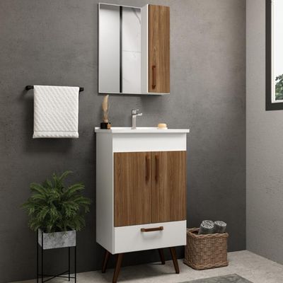 Conjunto Banheiro Gabinete Com Pés 50cm Lavatório e Armário Allegra B06 Branco Carvalho - Lyam Decor