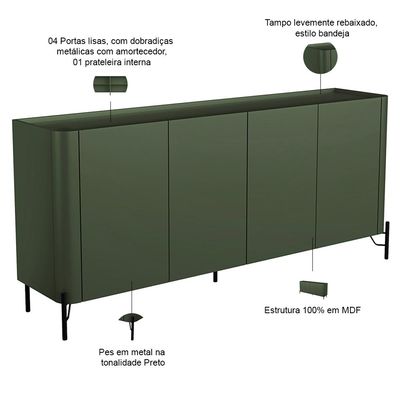 Aparador Buffet Para Sala de Jantar 4 Portas Pés Industrial Preto Naim I03 Musgo - Lyam Decor