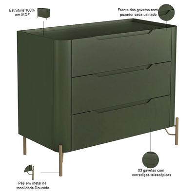 Cômoda Para Quarto Closet Orgânica 3 Gavetas Pés Industrial Dourado Bliss I03 Musgo - Lyam Decor