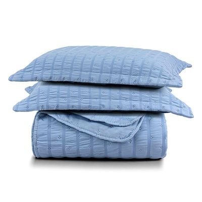 Kit Colcha Cobre Leito Scarpa Plissê l Seersucker 3 Peças Maciez E Leveza Textura  Azul Mineral