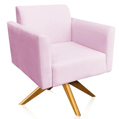 Poltrona Decorativa Isabella Base Giratória Madeira Suede Rosa Bebê - Gran Belo