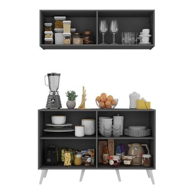 Kit Armário De Cozinha Aéreo E Balcão 4 Portas Retrô Multimóveis Mp2170 Grafite/branco