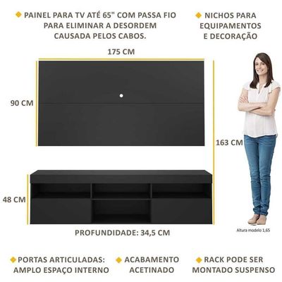 Rack C/ Painel Tv 65" Suspenso Multimóveis V3299 Preto