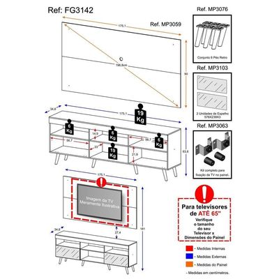 Rack C/ Espelho E Painel Suporte Para Tv Até 65´ Fg3142