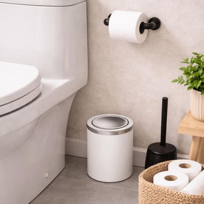 Lixeira Branca 5L com Tampa Basculante em Aço Inox Tramontina Lavabo Cozinha Escritório