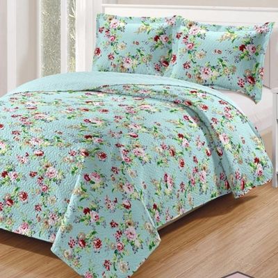 Kit Cobre Leito Colcha Daily Casal 3 Peças Dupla Face Estampado - Floral 28 - 100% Poliéster