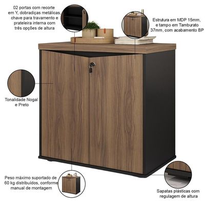 Balcão Para Escritório Com Chave Multiuso 2 Portas Unik A02 Nogal Preto - Lyam Decor