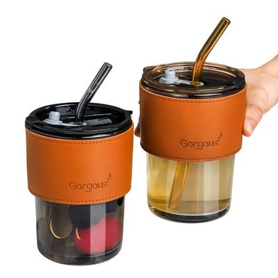 Copo De Vidro Com Canudo Tampa E Vedação 450ml Dourado
