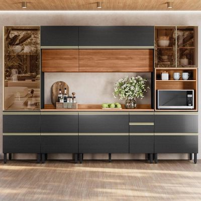 Cozinha Modulada Proença 6 Peças Com Paneleiro 1 Forno Nogueira Touch/carbono Prime Tx