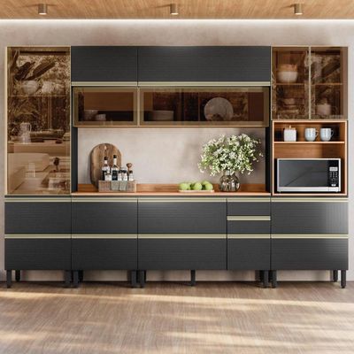 Cozinha Modulada Proença 6 Peças Com Paneleiro 1 Forno E Aéreo 120cm Nogueira Touch/Carbono Prime Tx - Demartêz