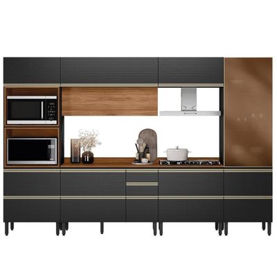 Cozinha Modulada Proença 6 Peças Com Cristaleira E Torre Quente 2 Fornos Nogueira Touch/Carbono Prime Tx - Demartêz