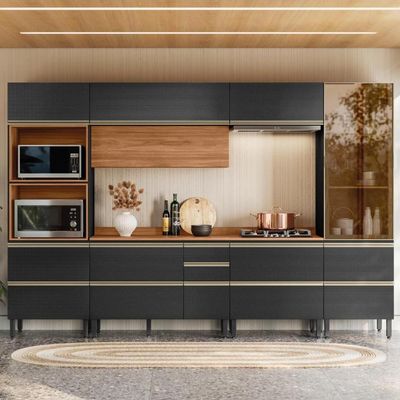 Cozinha Modulada Proença 6 Peças Com Cristaleira E Torre Quente 2 Fornos Nogueira Touch/Carbono Prime Tx - Demartêz
