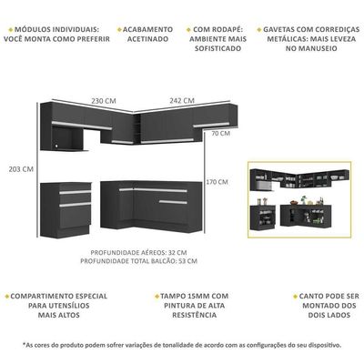 Cozinha Completa De Canto c/ Rodapé Multimóveis Preto/branco
