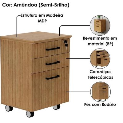 Gaveteiro Pasta Suspensa 2 Gavetas Rodízios E Chave 46 Cm Me4196 Amendoa Tecno Mobili Amendoa