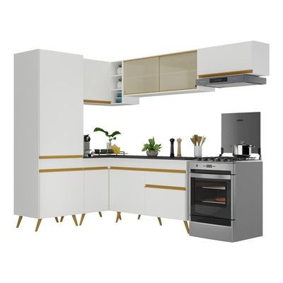 Armário De Cozinha Completa De Canto V2051 Branco/dourado