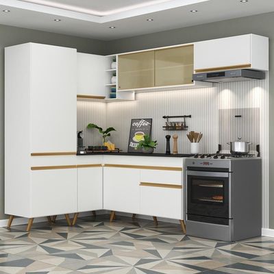 Armário De Cozinha Completa De Canto V2051 Branco/dourado