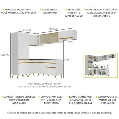 Armário De Cozinha Completa De Canto V2051 Branco/dourado