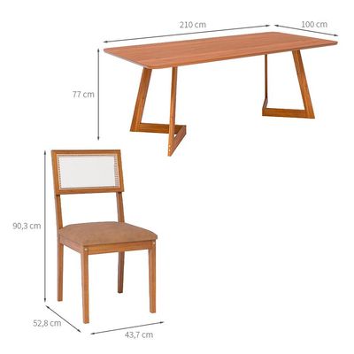 Conjunto de Mesa Retangular com Tampo MDF Caju e 8 Cadeiras Palmas Revestimento Sintético Marrom e Cinamomo
