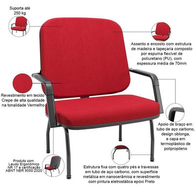 Cadeira De Escritório Recepção Com Braço Fixa Preta Magno P03 Crepe Vermelho - Lyam Decor