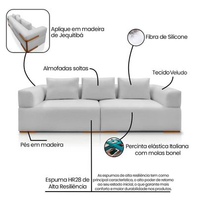 Sofá 4 Lugares 3,00m Em Tecido Veludo Com Aplique Em Madeira – Scott Lucadi Prata