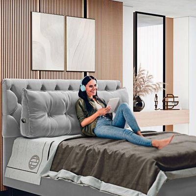 Almofada Para Cabeceira Encosto Apoio Lombar Spot 195cm Com Porta Celular Veludo - Abmaza Cinza