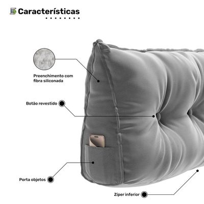 Almofada Para Cabeceira Encosto Apoio Lombar Spot 195cm Com Porta Celular Veludo - Abmaza Cinza