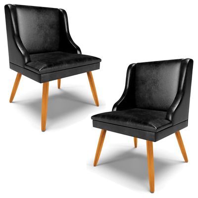 Kit 2 Cadeiras Decorativas Sala de Jantar Pés Palito de Madeira Firenze PU Preto Brilho/Natural G19 - Gran Belo