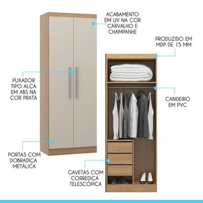 Armário 2 Portas Guarda Roupa Modulado Selene 80x218 Cm Mdp Carvalho 6005 Menu