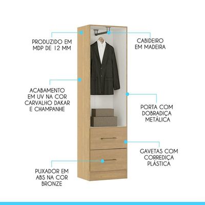 Guarda Roupas Solteiro Com 2 Portas E 2 Gavetas Menu Móveis Carvalho