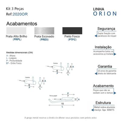 Kit Acessórios Para Banheiro Alto Brilho 3 Peças Grego Metal 2020or