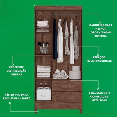 Guarda Roupa Solteiro Quarto Pequeno 3 Portas 2 Gavetas Lima Castanho
