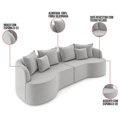 Sofá 4 Lugares Orgânico Living 250cm Mersa Veludo Cinza K01 - D'Rossi