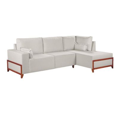 Sofá De Canto 4 Lugares Living Fixo Com Chaise Molas Bonnel Linho Creme