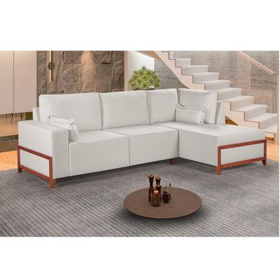 Sofá De Canto 4 Lugares Living Fixo Com Chaise Molas Bonnel Linho Creme