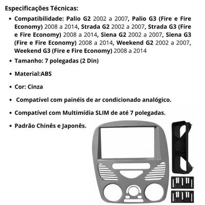 Central Multimídia 2 Din Mp5 Fiat Strada G2 Câmera Moldura Cinza
