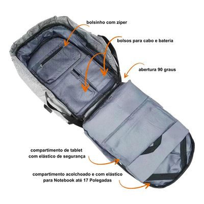 Mochila antifurto Reforçada Resistente Notebook USB Dl0848 preto