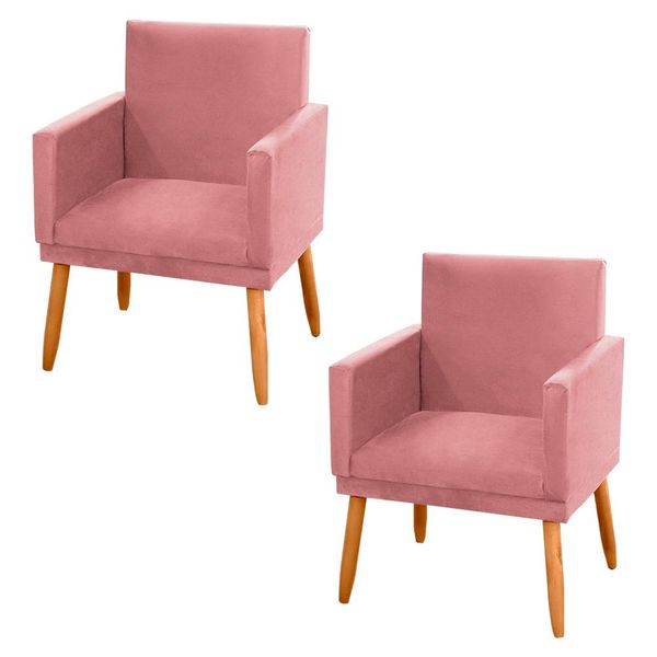 Kit 02 Poltronas Decorativas Lauren Pés Palito Suede Rosê - Desk Design