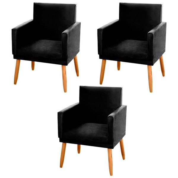 Kit 03 Poltronas Decorativas Lauren Pés Palito Suede Preto - Desk Design Kit 03 Poltronas Decorativas Lauren Pés Palito Suede Preto - Desk Design