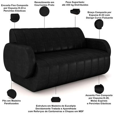 Sofá 3 Lugares Sala Living Orgânico 188cm Fávara K01 Couríssimo Preto - Lyam Decor