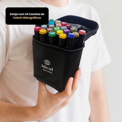 Estojo Com 24 Canetas De Colorir Hidrográficas Duas Pontas Ponta Dupla Bico Fino E Grosso