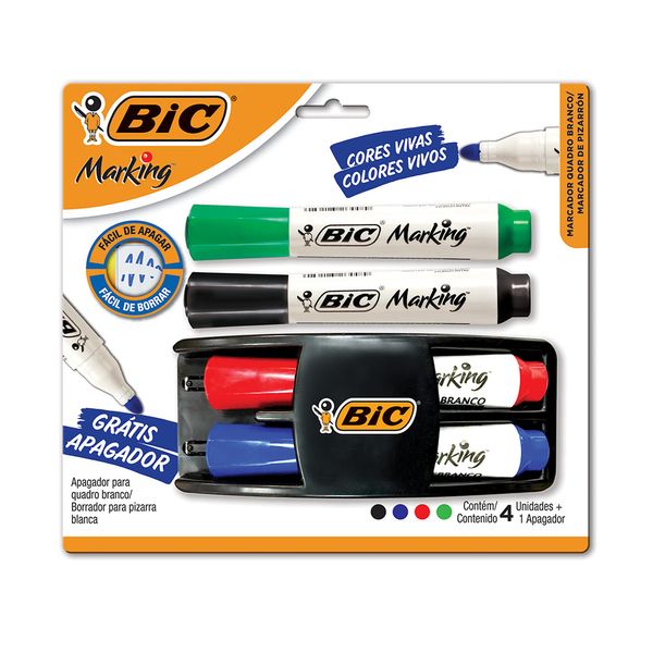 Kit Marcador para Quadro Branco Bic com 4 Cores Grátis 1 Apagador de Encaixe Kit Marcador para Quadro Branco Bic com 4 Cores Grátis 1 Apagador de Encaixe